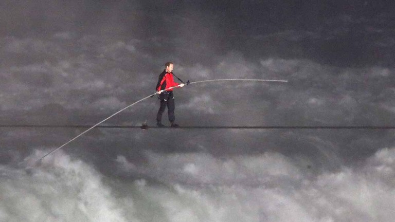 Nik Wallenda walking over the Falls on a wire